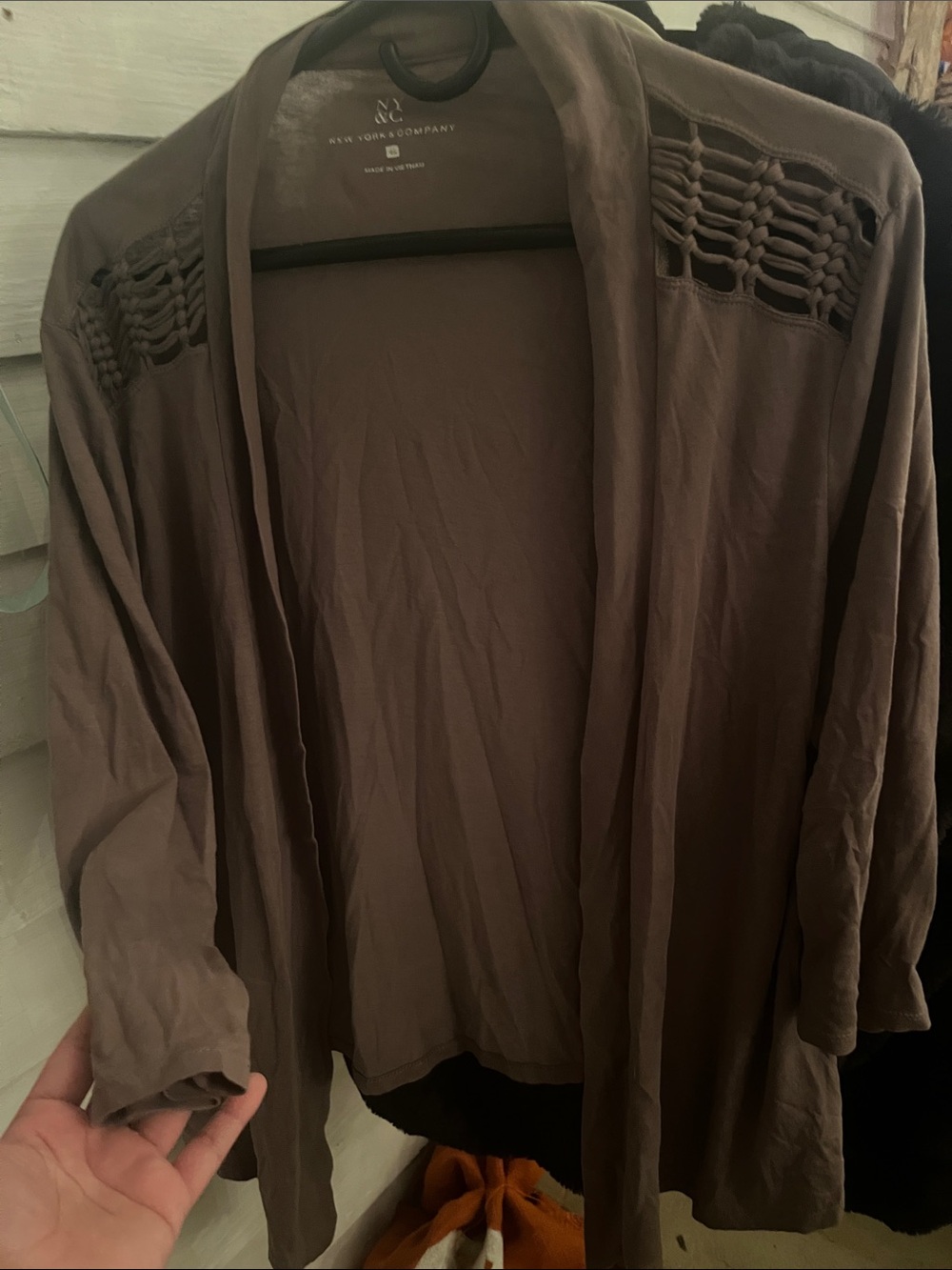 New York & Company Brown Open-Front Blazer with Woven Shoulder Detail